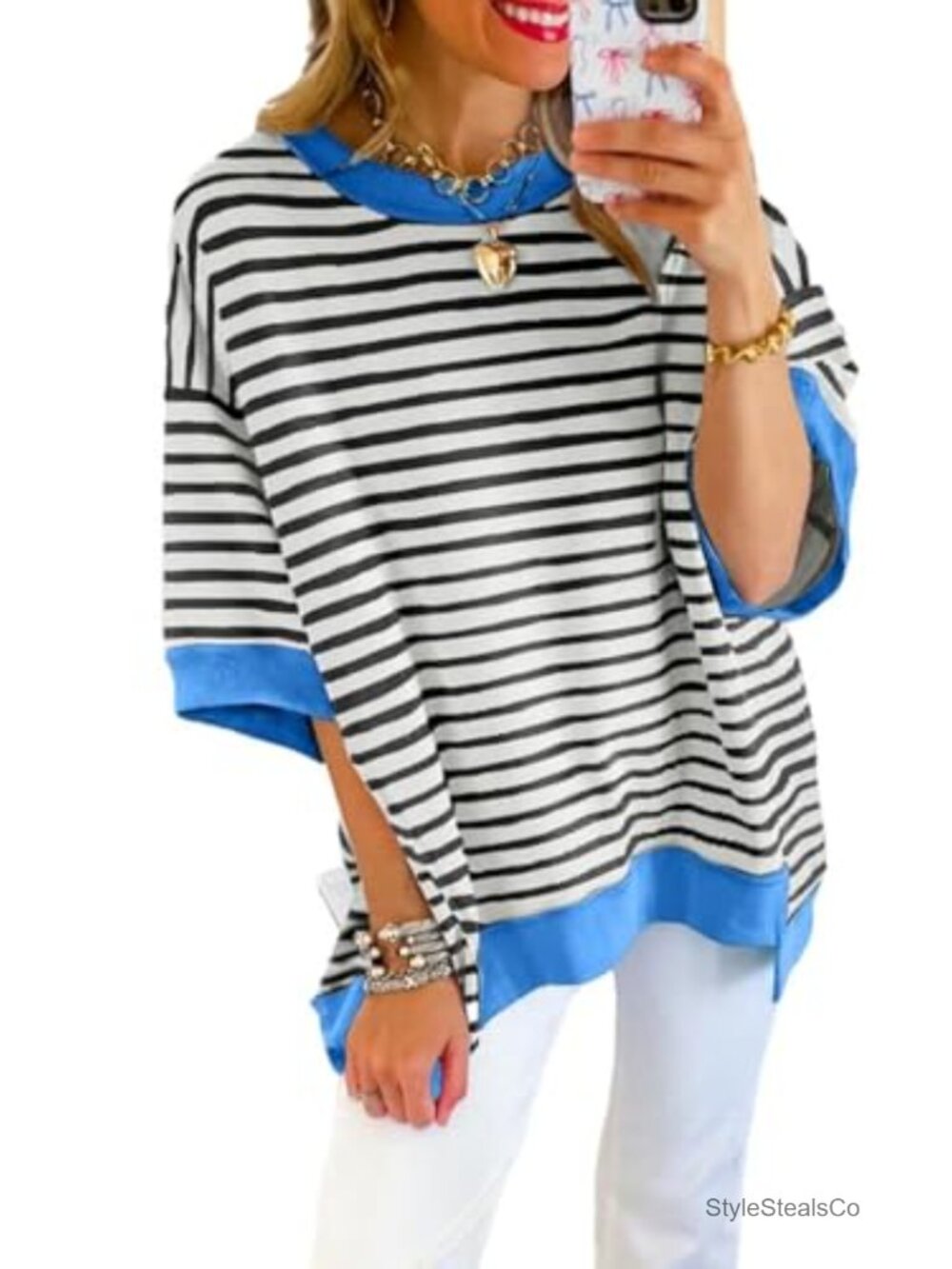 Oversized Striped Crewneck Sweatshirt Short Sleeve High Low Pullover Top